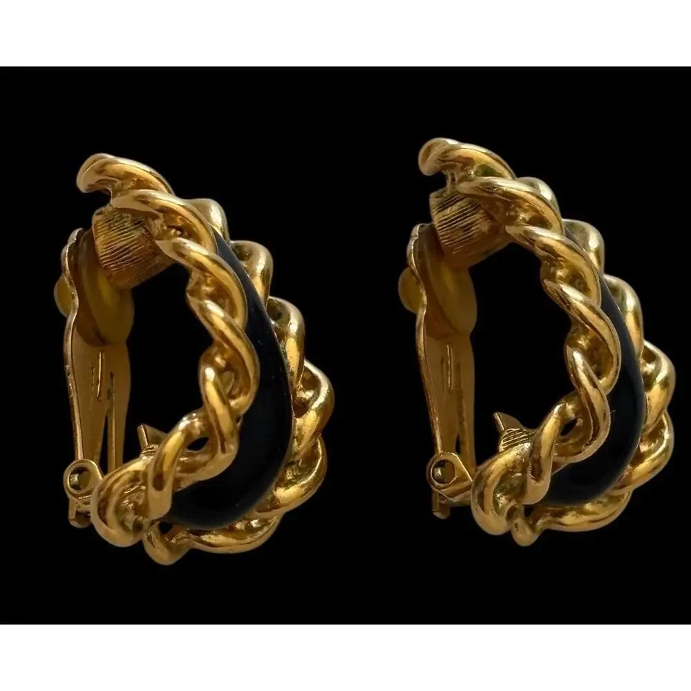 St. John Designer Gold Plate Twist Black Enamel Half Hoop Clip Earrings Vintage